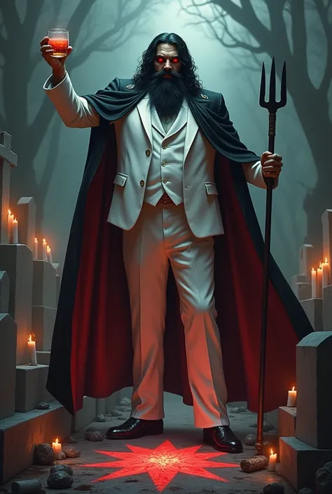 Man with beard, wind,  White shirt, evil laugh, raised arm with a glass of whiskey , black wavy hair, crowd, black and red cape full head, walking stick, tattoos, cemetery, candles, cigar in hand, tuxedo bench, red eyes , white suit, trident, souls, books ...