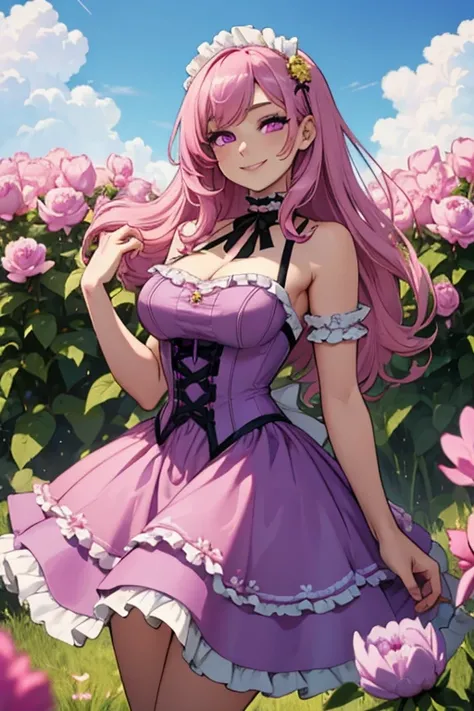 Perfect face. Perfect hands. A pink haired woman with violet eyes with an hourglass figure in a violet Lolita dress is smiling while posing in a field of peonies