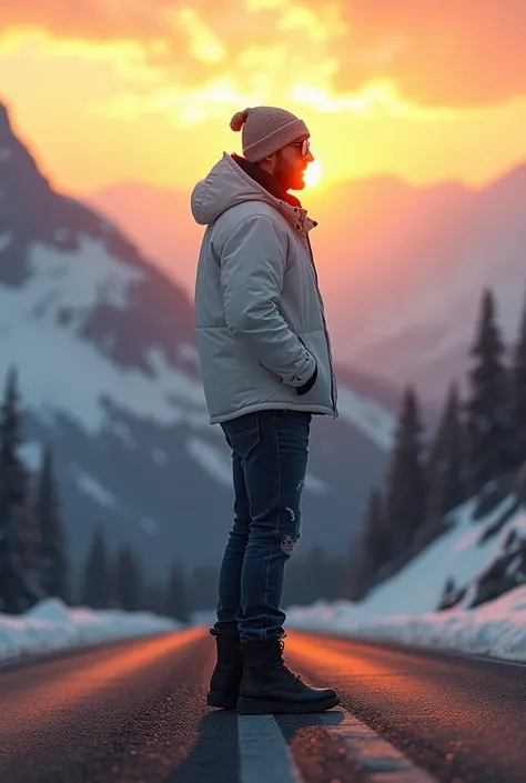 perfil:1.5, with a winter cap on his head , white winter jacket, denim trousers, blue worn and torn frayed, Black leather boots, winter glasses, standing sideways looking back, mountain,  sunset on the road, cinematic lighting, Like a movie, HD, 32 mil, Ap...