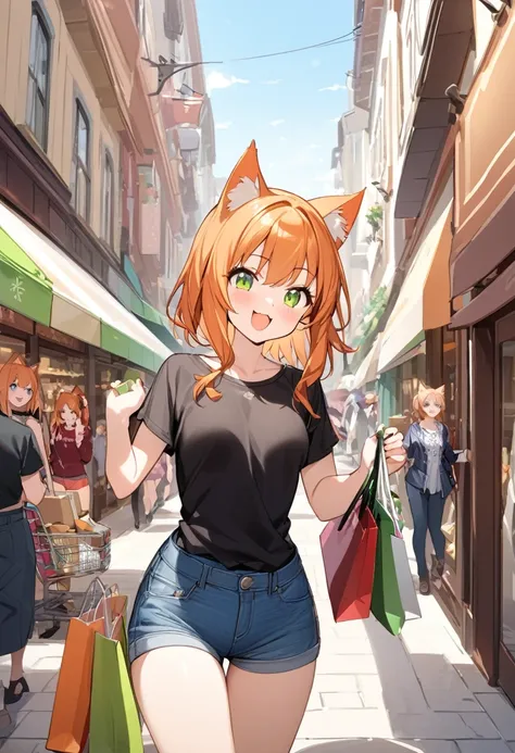 young girl、very cute、small、firm breasts、denim hot pants、orange hair、high quality backgrounds、、shopping、cheerful attitude、cat ear...