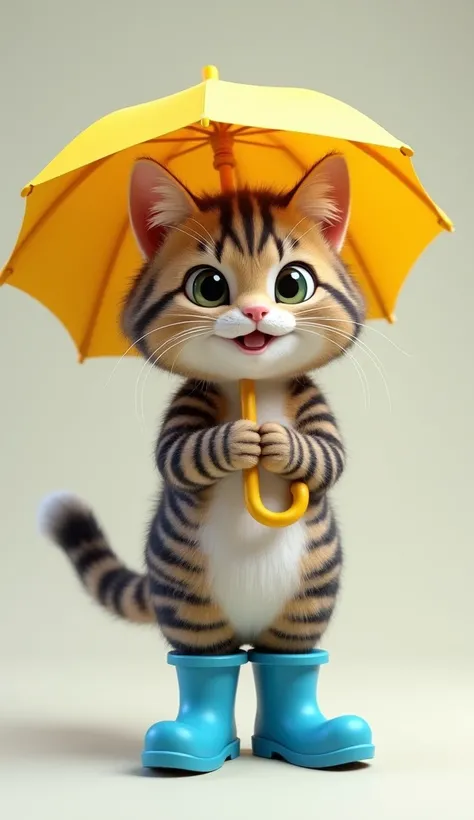 A bipedal tabby cat wearing blue boots and holding a yellow umbrella。A cute girl cat smiling with fluffy fur.。
Facing forward。