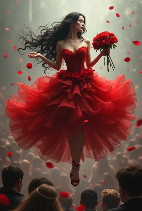 Very white skinned woman with long wavy black hair wearing a long red dress with red rose details, Full of Ruffles, holding red roses. Levitating high above an admiring crowd.