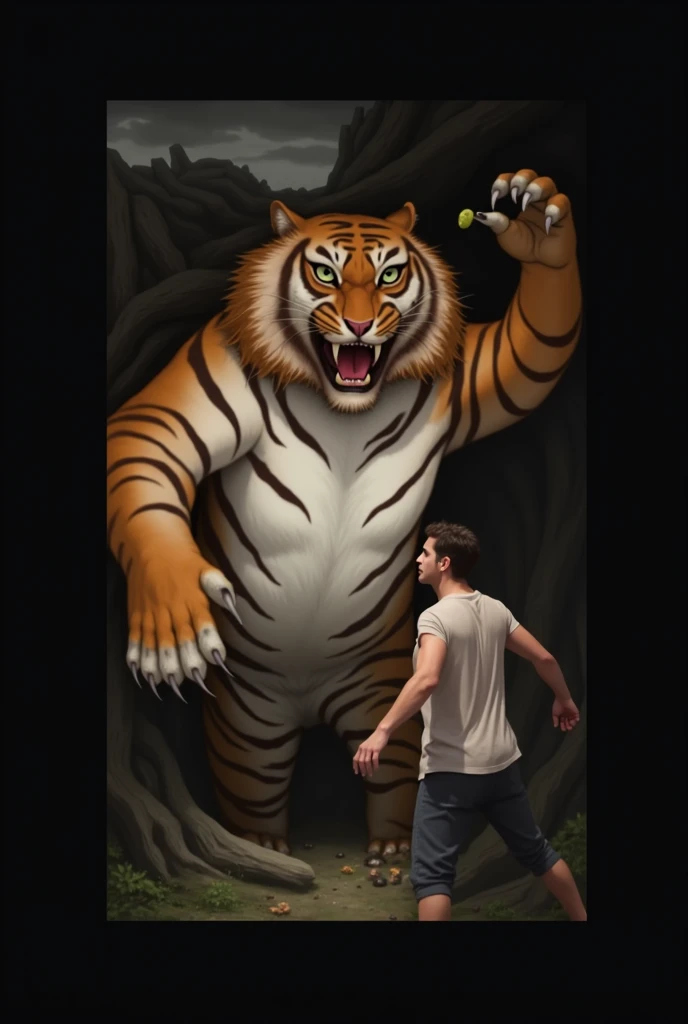 Put a tiger in front of him eating the food he is holding