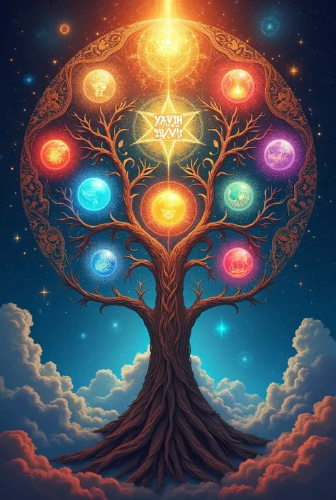 Tree of life with the 10 sephiroth in the form of a tetragrammaton, name in Spanish and Hebrew,  illustrative style,  vibrant colors