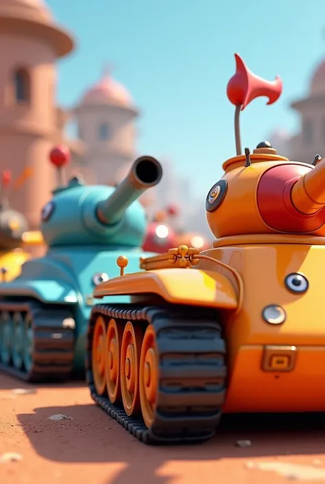 Disney 3d animation type war tanks orange color, blue , red, yellow and green in profile  