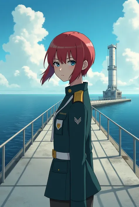 Absurd resolution, high resolution, (masterpiece: 1.4), hyper-detail, weapons testing site at an empty dock by the sea, 1 young woman, short red hair, soldier costume, very serious expression