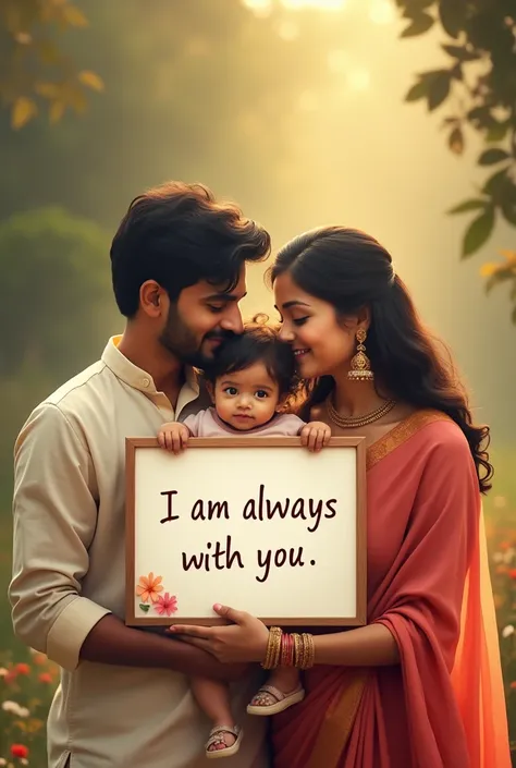 Indian beautiful couple with a cute child,  well 
dress, holding a white board with text " I always with  you " and showing it to the viewer