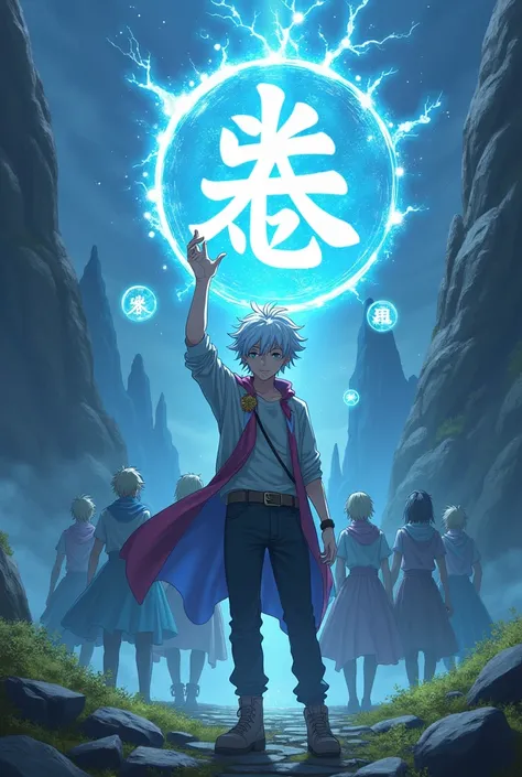 A teenager with white hair and his hand slightly raised and almost touching a Kanji of the elemental power of the void and several spheres of energy around him and with a silhouette of several allies behind him in a landscape with a cliff (anime version)