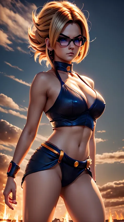 a woman with android 18 hairstyle, serious expression, thick eyeliner and thick eyebrows, long eyelashes, full lips, raising right eyebrow, saiyan armor, , detailed face, dragonball z art, akira toriyama art style , high quality, saiyan Scouter, tinted eye...