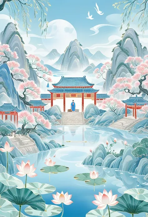 symmetrical composition，in the front is a little student studying，confucius is behind，mount tai，lotus，willow，ancient buildings。i...