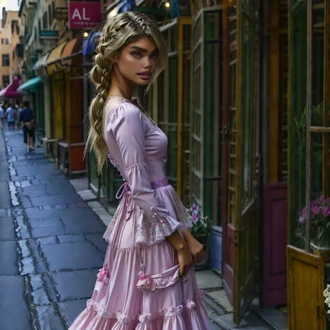 slmn, sara sampaio,1girl, skinny,  petite, (blonde_hair), masterpiece,best quality,highres,ultra-detailed,aadarjeeling,braid,bangs,medieval,long sleeves, rapunzel dress is a pink-colored gown with puffed sleeves and a corset-style bodice. The bodice is typ...