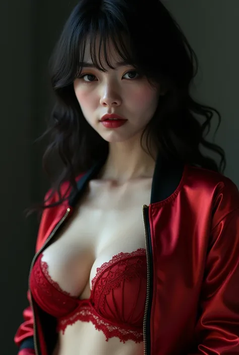 Beautiful gothic Japanese girl, silk shiny bomber jacket, red silk lingerie, large breasts, face and torso focus