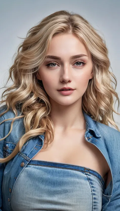 an attractive woman with long, wavy blonde hair, youngh, semi-tied hair, curved, sexly, cropped rosa, jeans, hyper realistic abs...