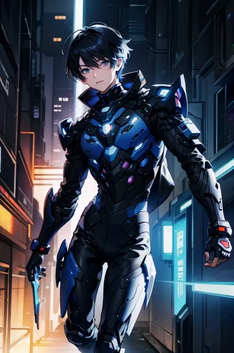 solo、front、whole body、anime boy protagonist in futuristic mechanical looking combat suit、cyberpunk anime boy、