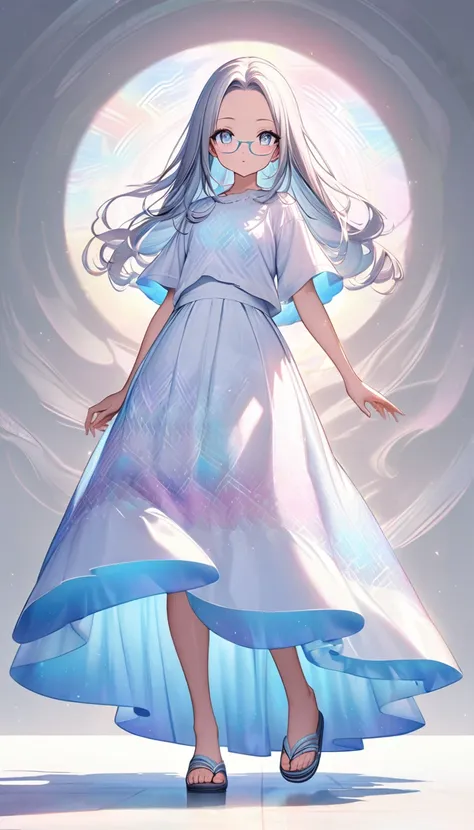 cute beauty, silver striking beautiful eyes, glasses, forehead, glossy silky silver shoulder-length hair that bounced outwards, perfect proportions, wearing white shirt, light blue fluttering long skirt, sandals, background swirling pastel cipher pattern, ...