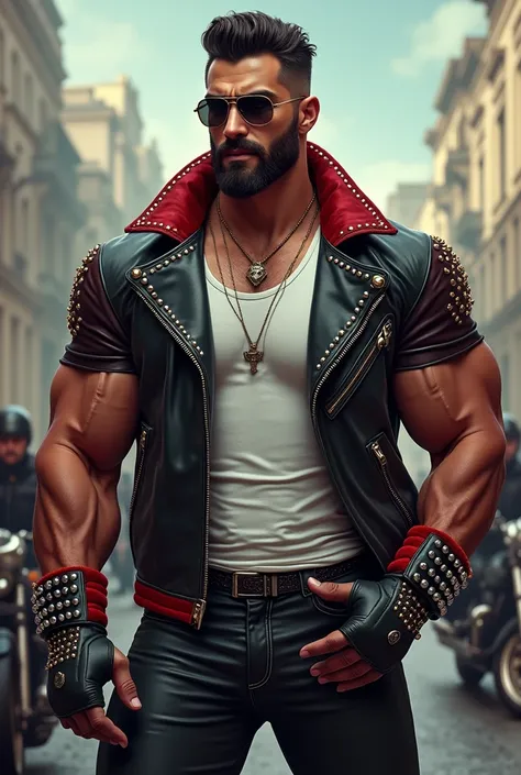 master piece, HD wallpaper, 4k hombre libanes handsome y musculoso )(hairy body) strong and muscular legs tight leather pants, Two-tone T-shirt with an elaborate leather and velvet fashion jacket with spectacular studs, Fashion, modern surrealist print,, c...