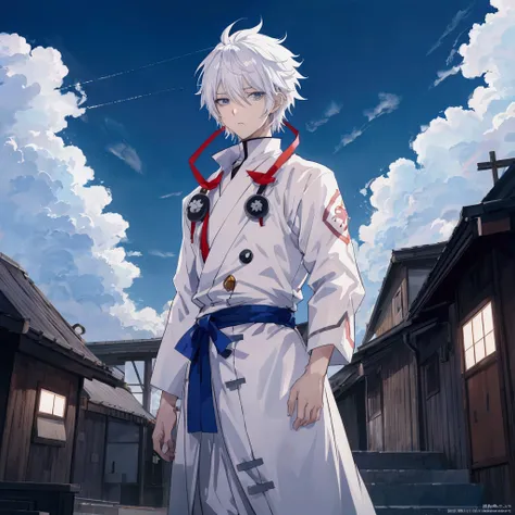 anime guy in white outfit standing on roof with sky background, 4 k manga wallpaper, white haired deity, badass anime 8 k, a silver haired mad, male anime character, kaworu nagisa, white haired, best anime 4k konachan wallpaper, handsome guy in demon slaye...