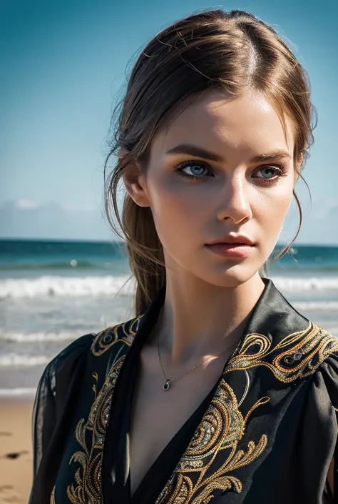 Waist high Portrait of an exotic beautiful caucasian woman wearing trendy clothing at a beach, perfect detailed face, detailed symmetric hazel eyes with circular iris, realistic, stunning realistic photograph, 3d render, octane render, intricately detailed...