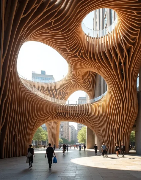 Ultra-realistic conceptual photography of an architectural pavilion in the center of Barcelona, Designed with wooden beams that recreate an organic shape of a spider web. The beams are arranged in an intricate and fluid manner, forming an elevated structur...