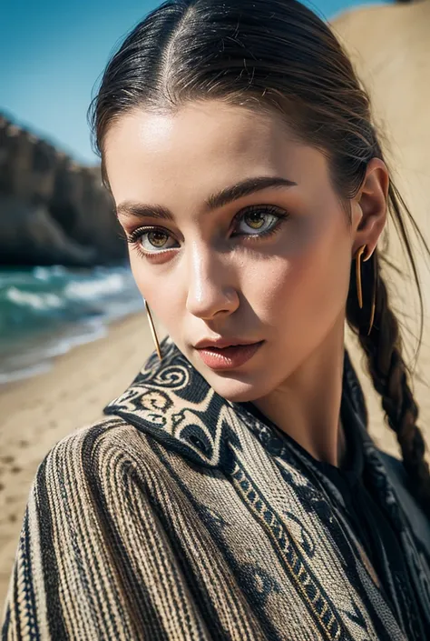 Waist high Portrait of an exotic beautiful caucasian woman wearing trendy clothing at a beach, perfect detailed face, detailed symmetric hazel eyes with circular iris, realistic, stunning realistic photograph, 3d render, octane render, intricately detailed...