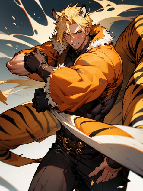 1male, adult, muscular, blonde hair, stubble, tiger fur coat, gloves