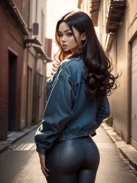 photorealistic, high resolution, 1 beautiful female, asian beauty, long curly hairstyle, black hair, denim streetwear, backgroun...