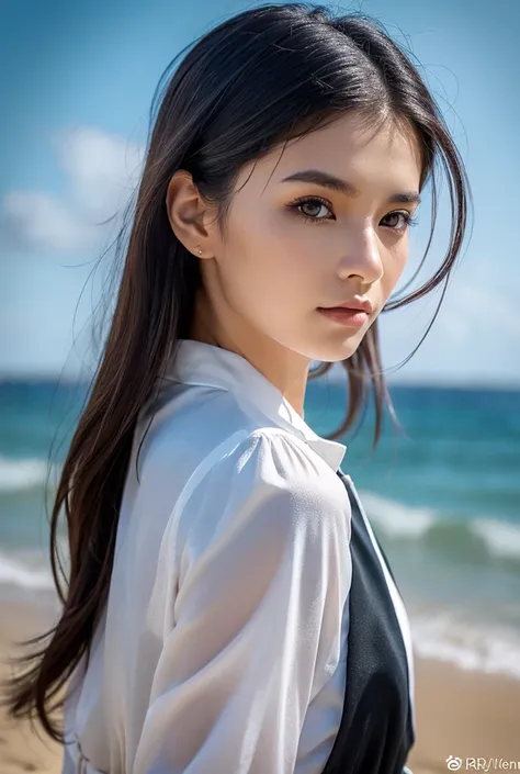 Waist high Portrait of an exotic beautiful asian girl wearing school uniform at a beach, perfect detailed face, detailed symmetric hazel eyes with circular iris, realistic, stunning realistic photograph, 3d render, octane render, intricately detailed, cine...