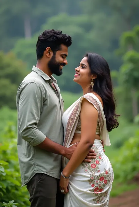 Kerala straight couple realistic photo. Male is brown indian skin tone with beard wearing shirt and pants.female is young curvy  shaped aged 25 with fair Indian skin tone in wayanad kerala. Realistic photo. Wearing kerala sleeveless white printed saree.Sho...