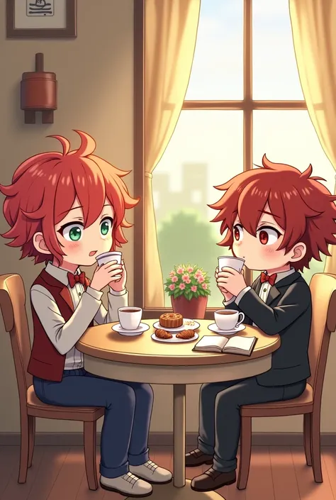 Chuuya is red-haired and Dazai is chibi-style, drinking coffee at a cute table with food. Chuuya should have some light curls in his hair with his hat on his lap.. Dazai must have the coffee cup, his book open on the table, with the food. It has to be cute...