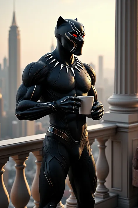 Black panther man standing in front of the balcony drinking coffee 