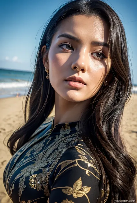 Waist high Portrait of an exotic beautiful asian girl wearing bodysuit at a beach, perfect detailed face, detailed symmetric hazel eyes with circular iris, realistic, stunning realistic photograph, 3d render, octane render, intricately detailed, cinematic,...