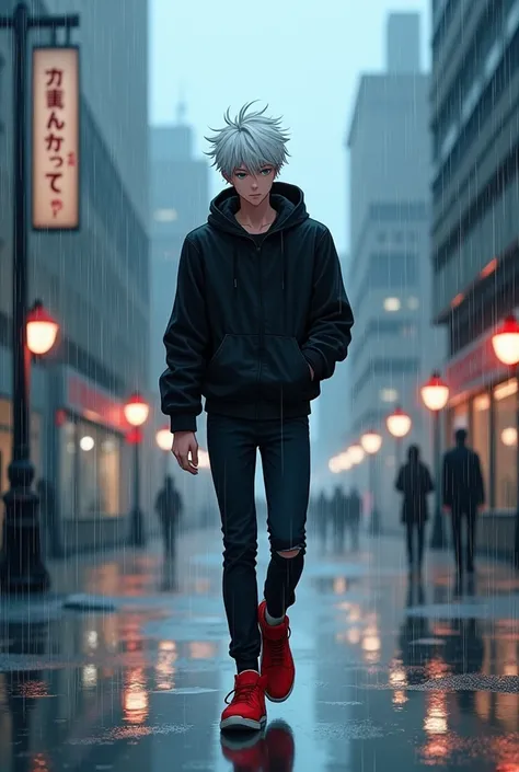 Make a young man with white hair, black jacket, red shoe walking on the street on a rainy day anime version