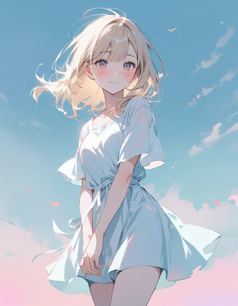 girl, whole body、thin, Pale skin, Hazel Eyes, Straight light blonde hair with bangs, beautiful, Pastel colors, flat, Tiny, wind, shy, blush, Pastel white dress, A simple, short dress、In the bright light of the morning、Cute Smile