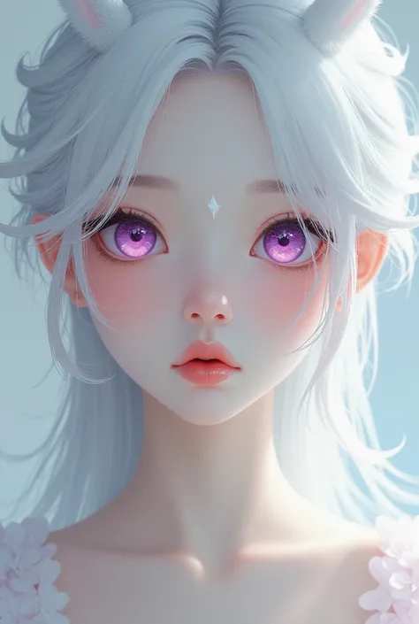 A Korean girl with light purple foxy eyes, with eyelashes, white eyebrows and hair, pale skin, heart-shaped lips with a slightly pinkish tone