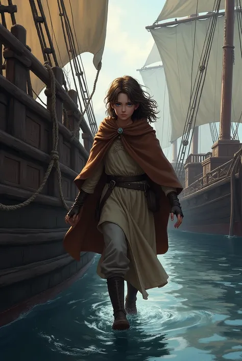  Make pictures for me: painel HQs, a white teenager with brown hair and blue eyes wearing a brown commoner&#39;s outfit with a brown cape sneaking onto a ship in the kingdom&#39;s harbor 