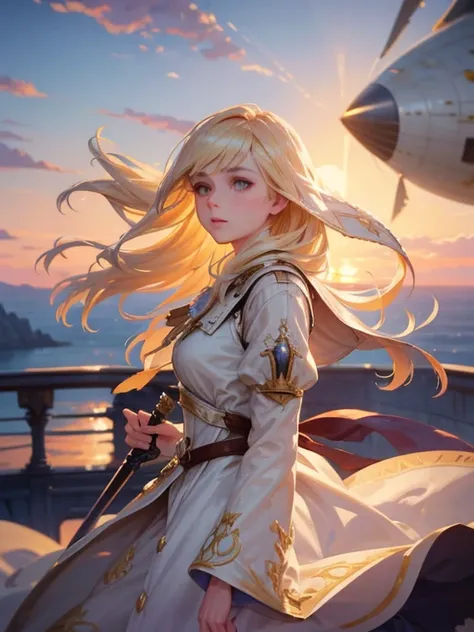 Girl wearing white dress and holding sword, long blonde hair, hair blowing in the wind, Early Final Fantasy vibe, fantasy world airship flying in the sky, sci-fi fantasy airship with propellers, view from the deck of the airship, staring into the distance ...