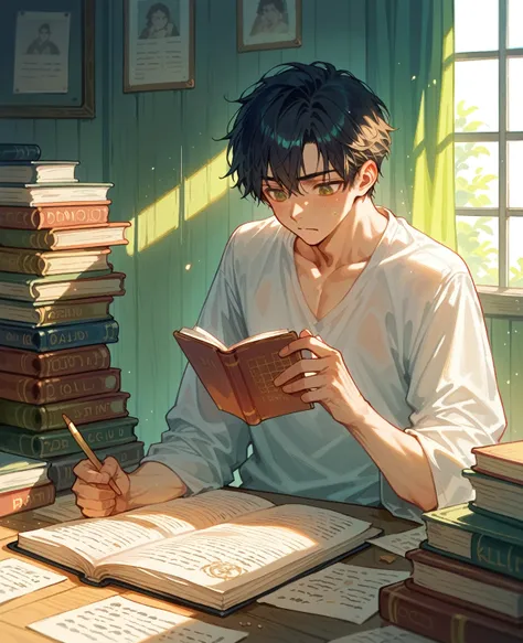 man studying in a calm environment, in a world with many colors and more and more colors, anime style