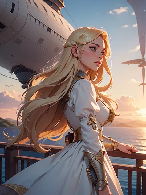 Long-haired female knight wearing white dress and holding sword, long blonde hair, hair blowing in the wind, Early Final Fantasy vibe, fantasy world airship flying in the sky, sci-fi fantasy airship with propellers, view from the deck of the airship, stari...