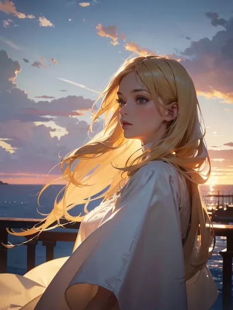 Long-haired female knight wearing white dress and holding sword, long blonde hair, hair blowing in the wind, Early Final Fantasy vibe, fantasy world airship flying in the sky, sci-fi fantasy airship with propellers, view from the deck of the airship, stari...