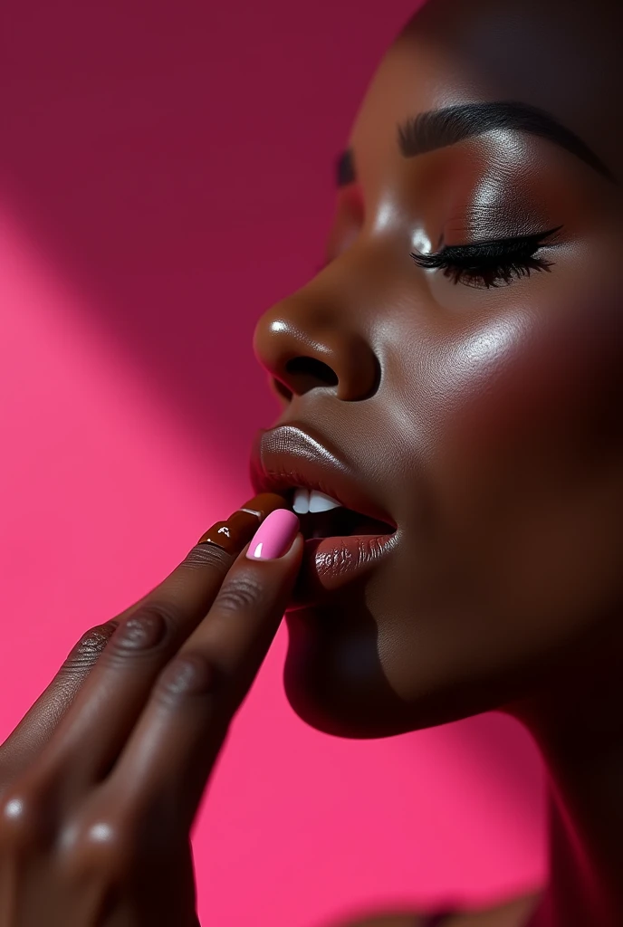 create an image of a black woman&#39;s mouth sucking her fingers that are dripping chocolate and a pink background.