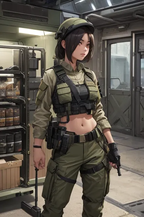 Women in crop top military bulletproof vest , military green cargo pants, belt, military helmet, tactical, (open navel), ((aiming a futuristic gun))