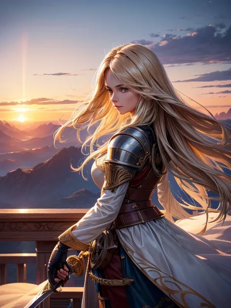 Long-haired female knight holding sword, long blonde hair, hair blowing in the wind, Early Final Fantasy vibe, fantasy world airship flying in the sky, sci-fi fantasy airship with propellers, view from the deck of the airship, staring into the distance on ...