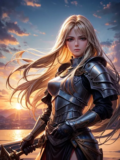 Long-haired female knight holding sword, long blonde hair, hair blowing in the wind, Early Final Fantasy vibe, fantasy world airship flying in the sky, sci-fi fantasy airship with propellers, view from the deck of the airship, staring into the distance on ...