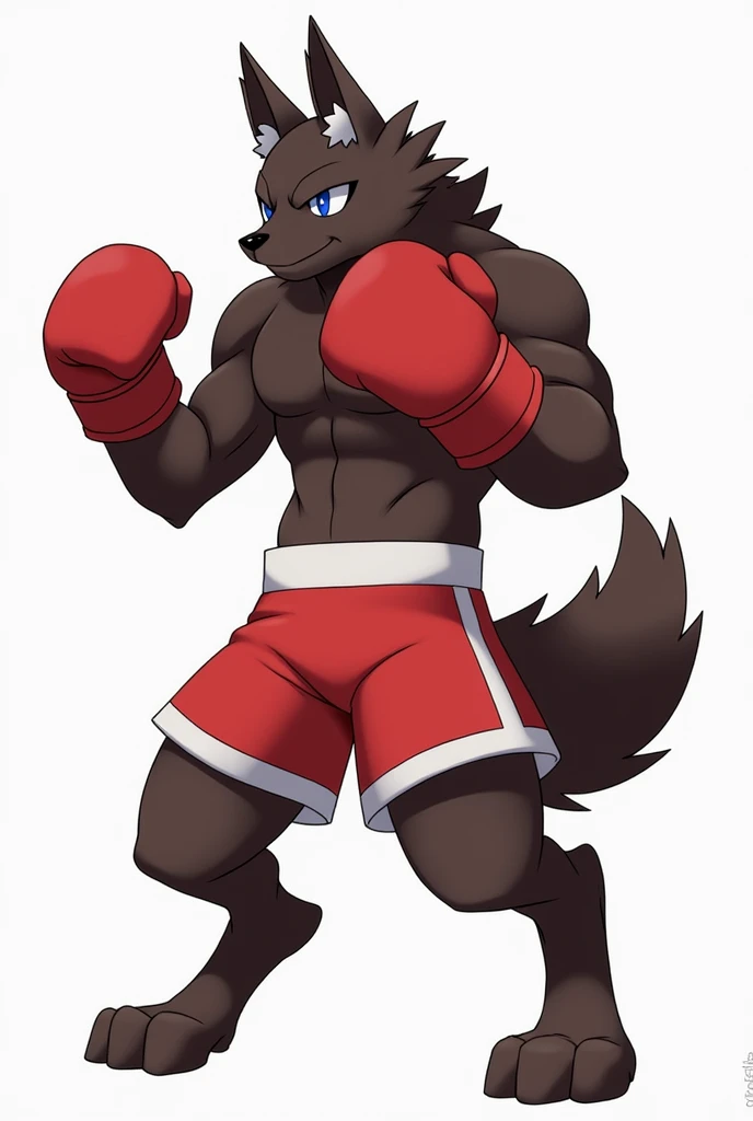 An image of the dark brown wolf-like Pokémon, anthropomorphic, that walks on two legs, wearing red boxing gloves, and red boxing shorts with blackSolo, fringe, wolf ears, closed mouth, blue eyes, Illustration, anime, Style anime, Character Design, Raised f...