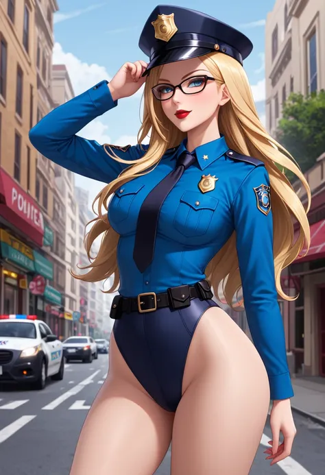 2mujer madura, beautiful, long hair, blonde, glasses, red lipstick, leotard white, bare legs, police uniform, police hat, long s...