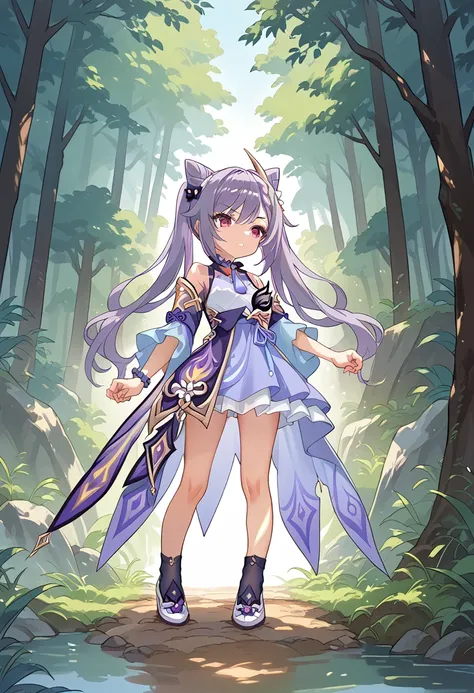 anime girl in purple and black outfit standing against forest background, Keqing from Genshin&#39;s blow, zhongli from genshin impact, Heise Jinyao, Ayaka Genshin Impact, Anime Moe Artstyle, black-haired magician, demon slayer rui fanart, ayaka game genshi...