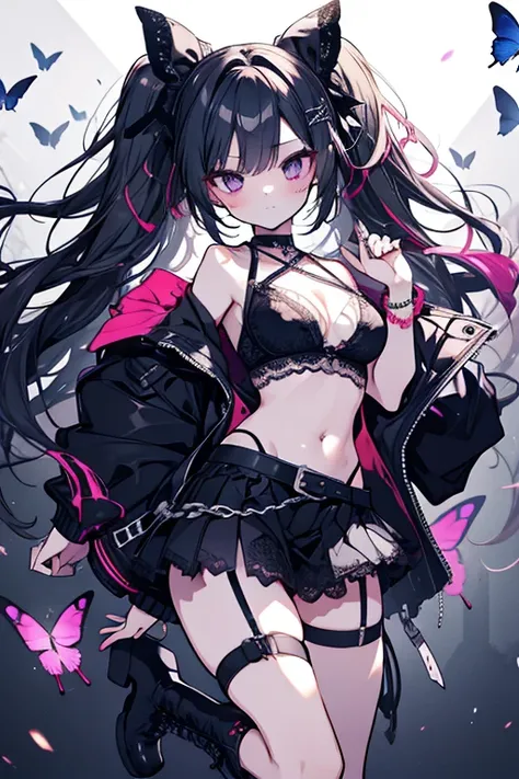 1 girl、Mature and ample breasts、Long hair, long eyelashes、Goth、Twin tails、Punk Fashion、Miniskirt、Lace fabric、garter、フリルのMiniskirt、Tattoo、Belly button、Shoulder Bare、Platform boots、belt、Bandage、Sick Kawa、蝶のTattoo、Choker、ribbon、Lace-up、Super detailed、Beautifu...