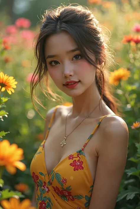 a beautiful young woman in a serene garden, wearing a colorful floral dress, gazing at the camera with a warm, gentle expression, surrounded by lush greenery and blooming flowers, soft lighting, realistic, photorealistic, 8k, highly detailed, masterpiece