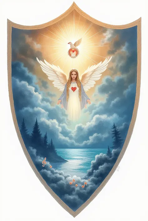 Elegant and beautiful watercolor style 2D shield, with two spaces: First space a dove with a heart and a Virgin Mary, second space night landscape and last space musical notes..