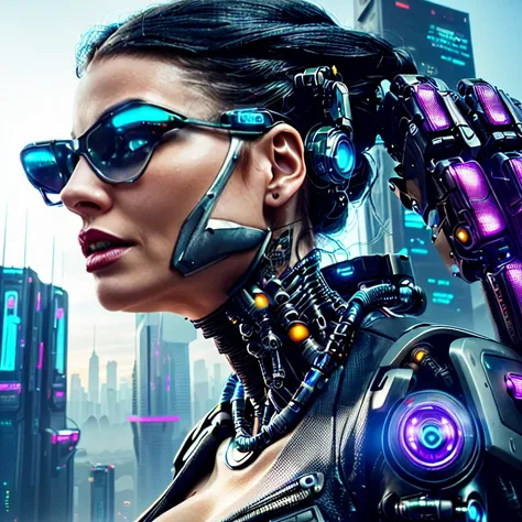 futuristic woman with futuristic city in background, cyborg - girl, cyborg girl, beutiful girl cyborg, cyborg woman, cyberpunk beautiful girl, beautiful cyberpunk girl face, cyberpunk woman, cyberpunk women, beautiful female neuromancer, cyberpunk robotic ...